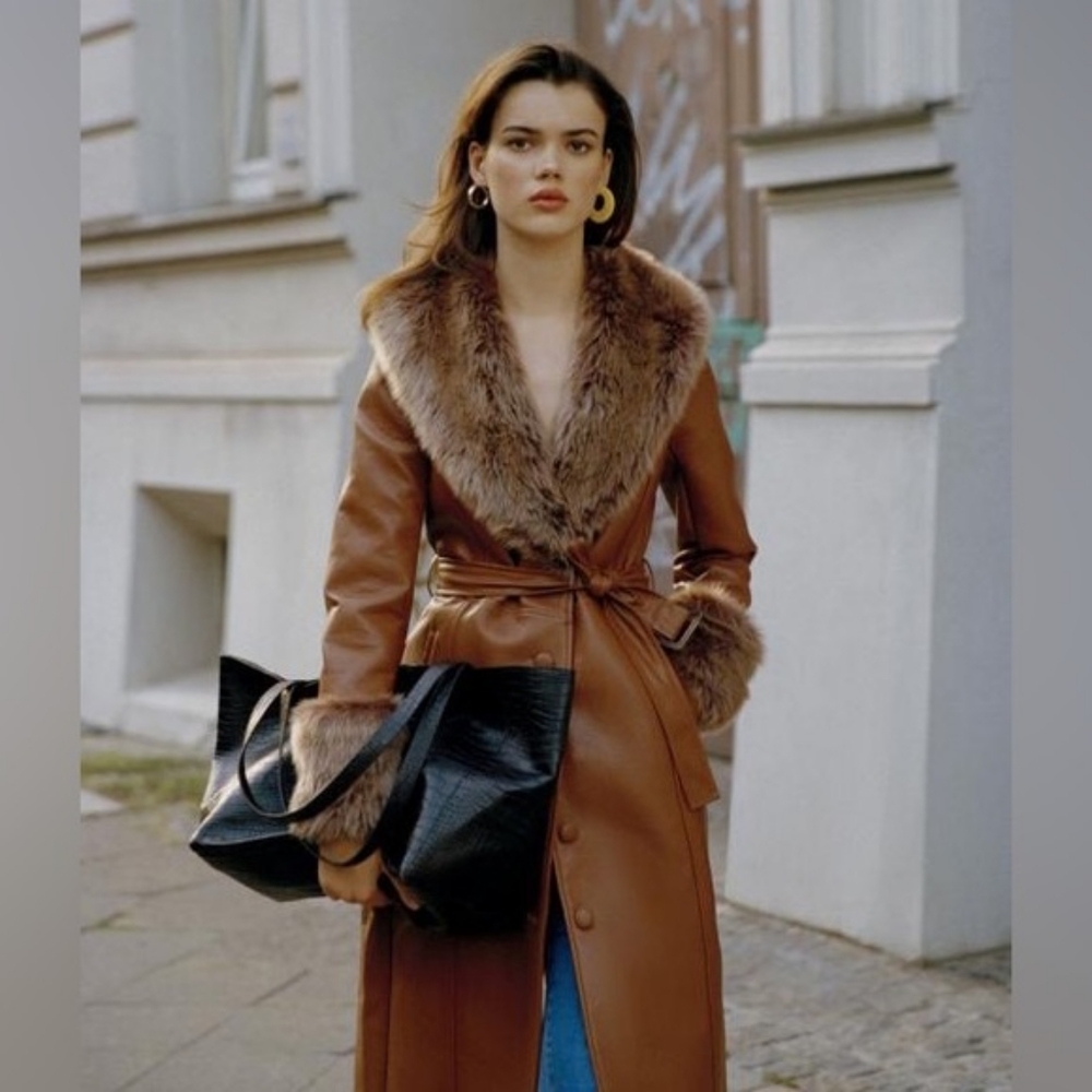 Urban Outfitters Jackets & Coats | Glam Faux Fur Faux Leather Brown Trench Coat